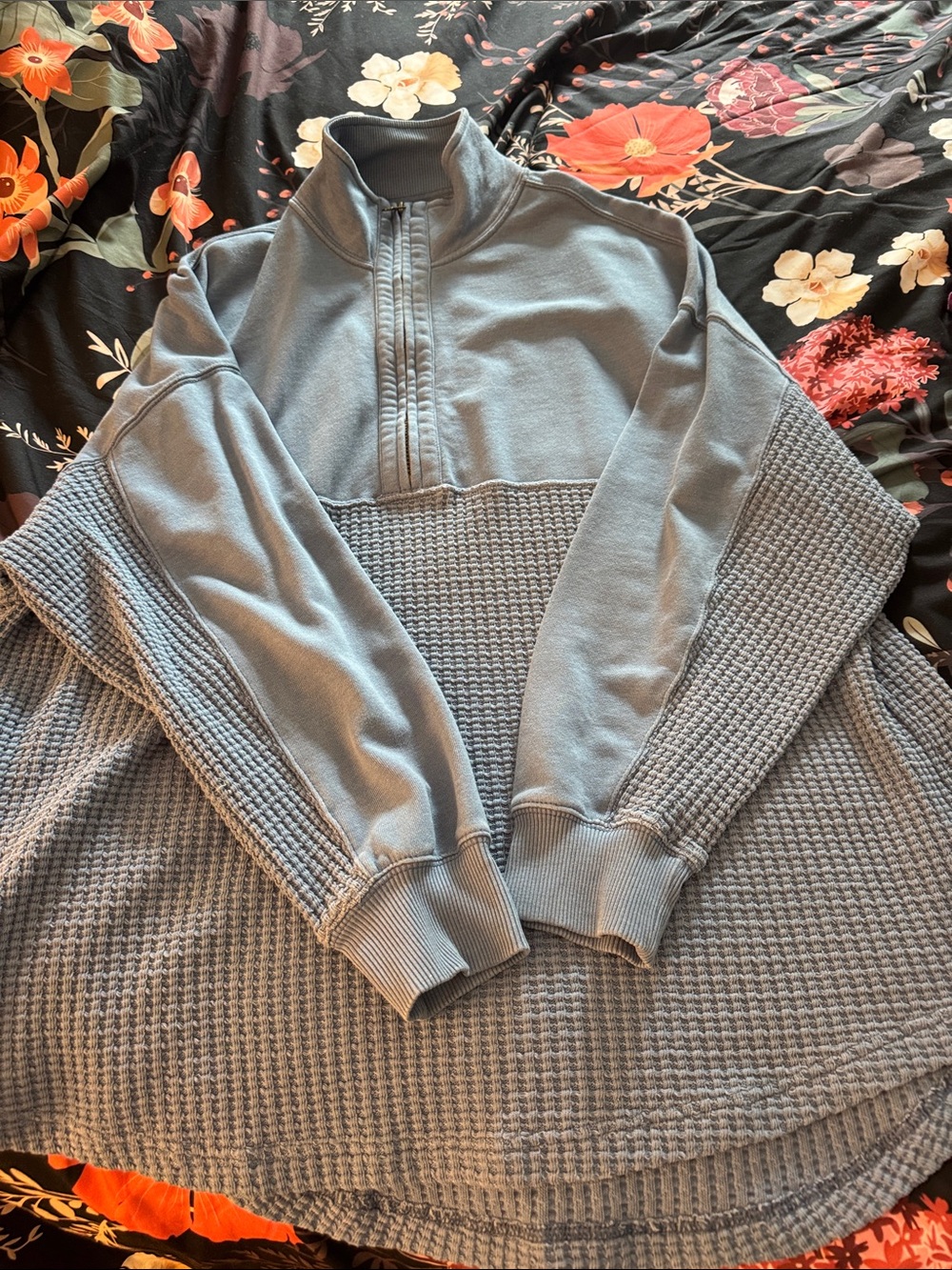 American Eagle Half-Zip Waffle-Knit Pullover Sweater - Blue